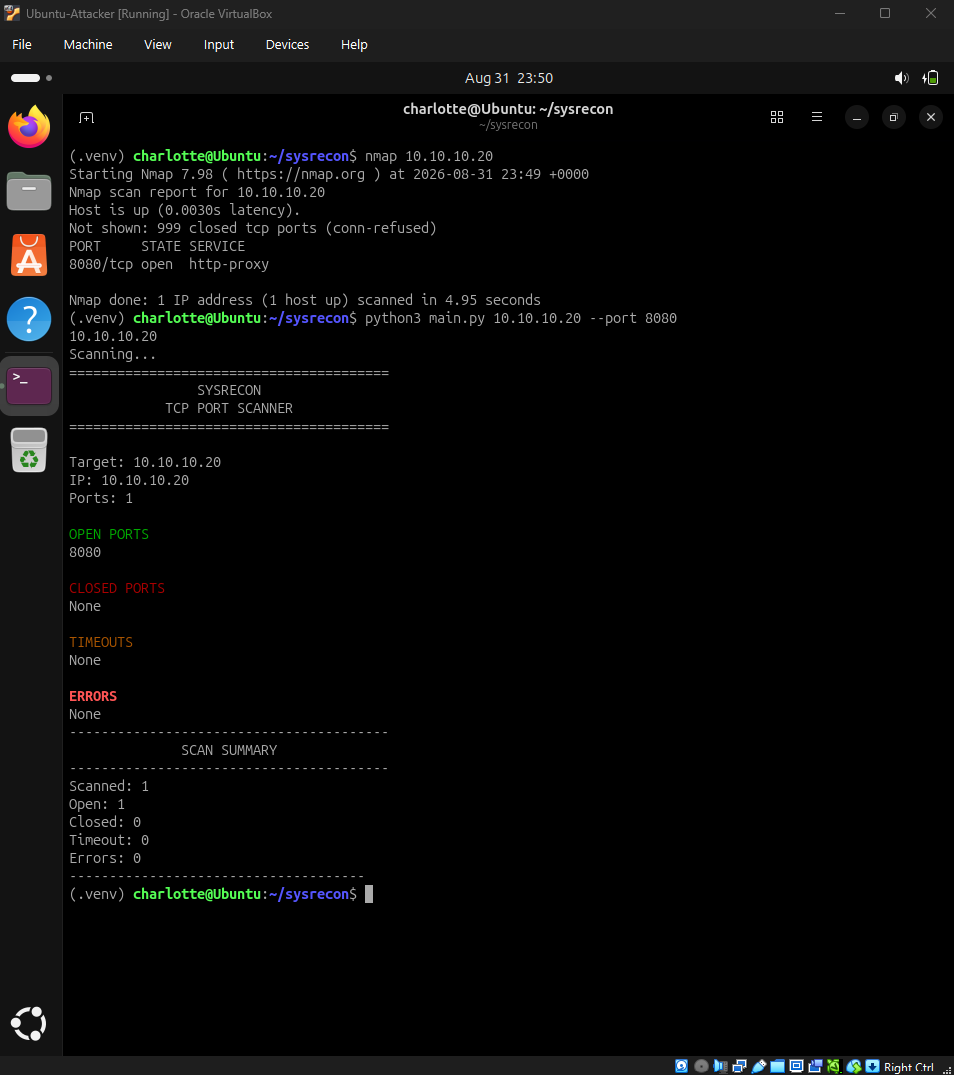 Nmap and SysRecon showing matching TCP port scan results